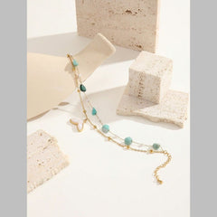 Dual Link Chain Mother Of Pearl Turquish Green Beads 18K Gold Stainless Steel Anti Tarnish Single Anklet For Women