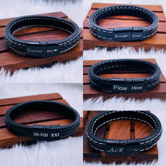Braided Black Leather Wrist Band Multi Strand Personalized Engraved Bracelet Men
