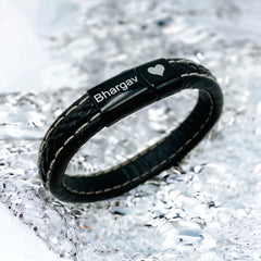 Braided Black Leather Wrist Band Multi Strand Personalized Engraved Bracelet Men