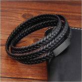 Braided Crafted Black Leather Wrist Band Multi Strand Bracelet