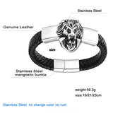 Biker Punk Lion Black Leather Stainless Steel Magnetic Bracelet