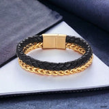 Two Layer Black Gold 316L Stainless Steel Leather Bracelet For Men