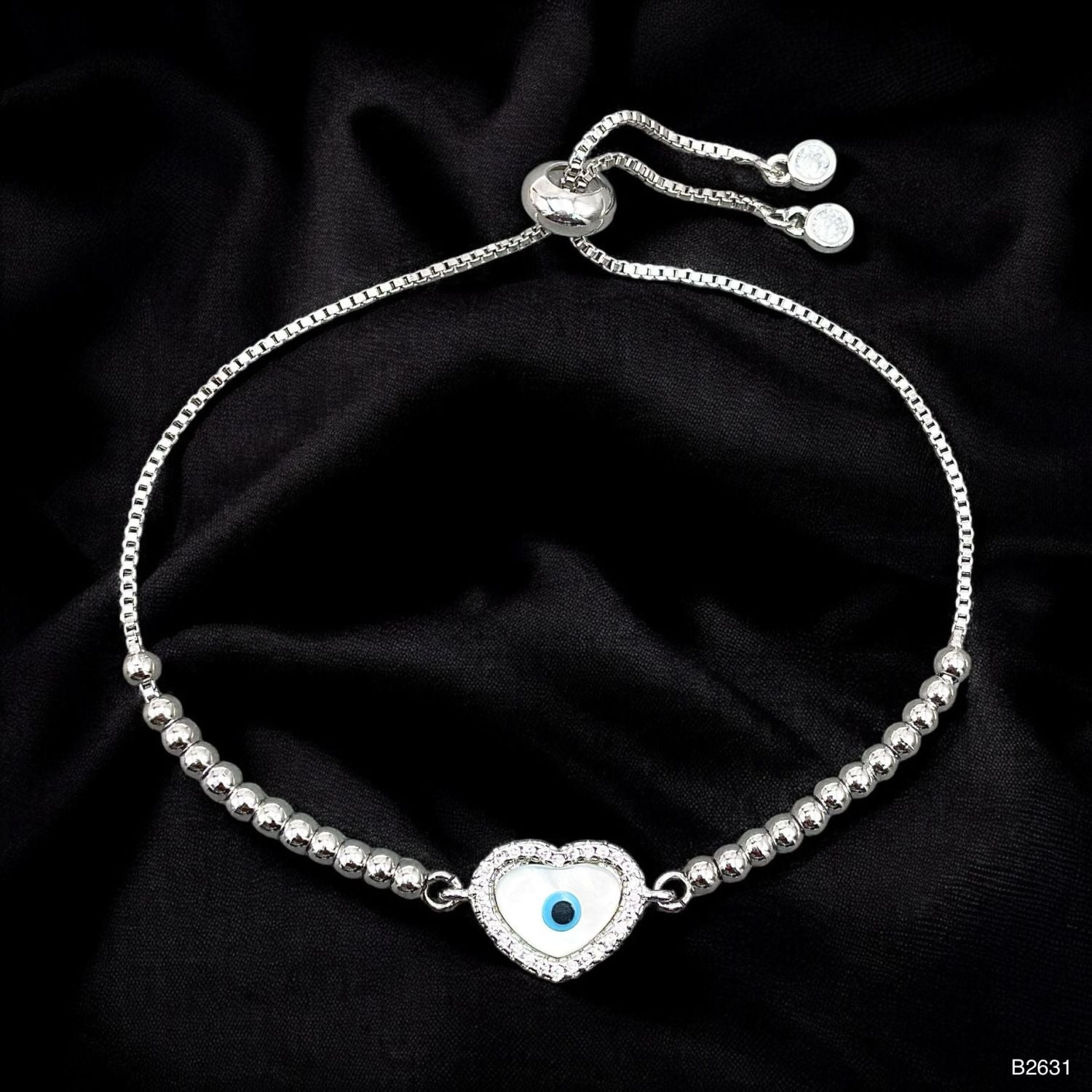 Heart Evil Eye CZ White Silver Anti Tarnish Slider Bracelet