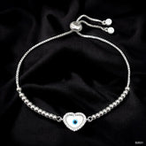 Heart Evil Eye CZ White Silver Anti Tarnish Slider Bracelet