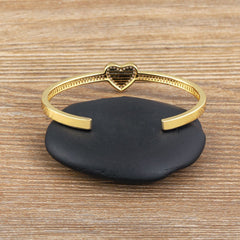 Copper Cubic Zirconia Heart Gold Openable Bangle Cuff For Women
