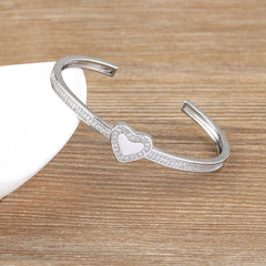 Copper Cubic Zirconia Heart Gold Openable Bangle Cuff For Women