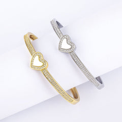 Copper Cubic Zirconia Heart Gold Openable Bangle Cuff For Women