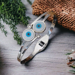 Stainless Steel Twin Evil Eye Mother of Pearl Silver Openable Kada Bangle Women