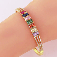 Rainbow Multi Colour Baguette Cubic Zirconia 18K Gold Copper Kada Bangle For Women