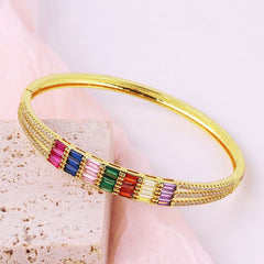 Rainbow Multi Colour Baguette Cubic Zirconia 18K Gold Copper Kada Bangle For Women