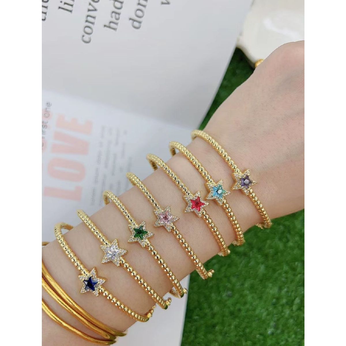 Purple Star Cubic Zirconia 18K Gold Cuff Kada Bracelet for Women
