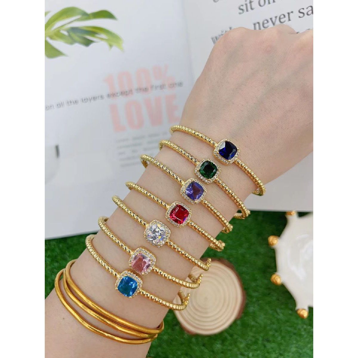 Blue Cushion Cut Cubic Zirconia 18K Gold Cuff Kada Bracelet for Women