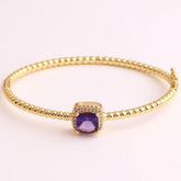 Purple Cushion Cut Cubic Zirconia 18K Gold Cuff Kada Bracelet for Women