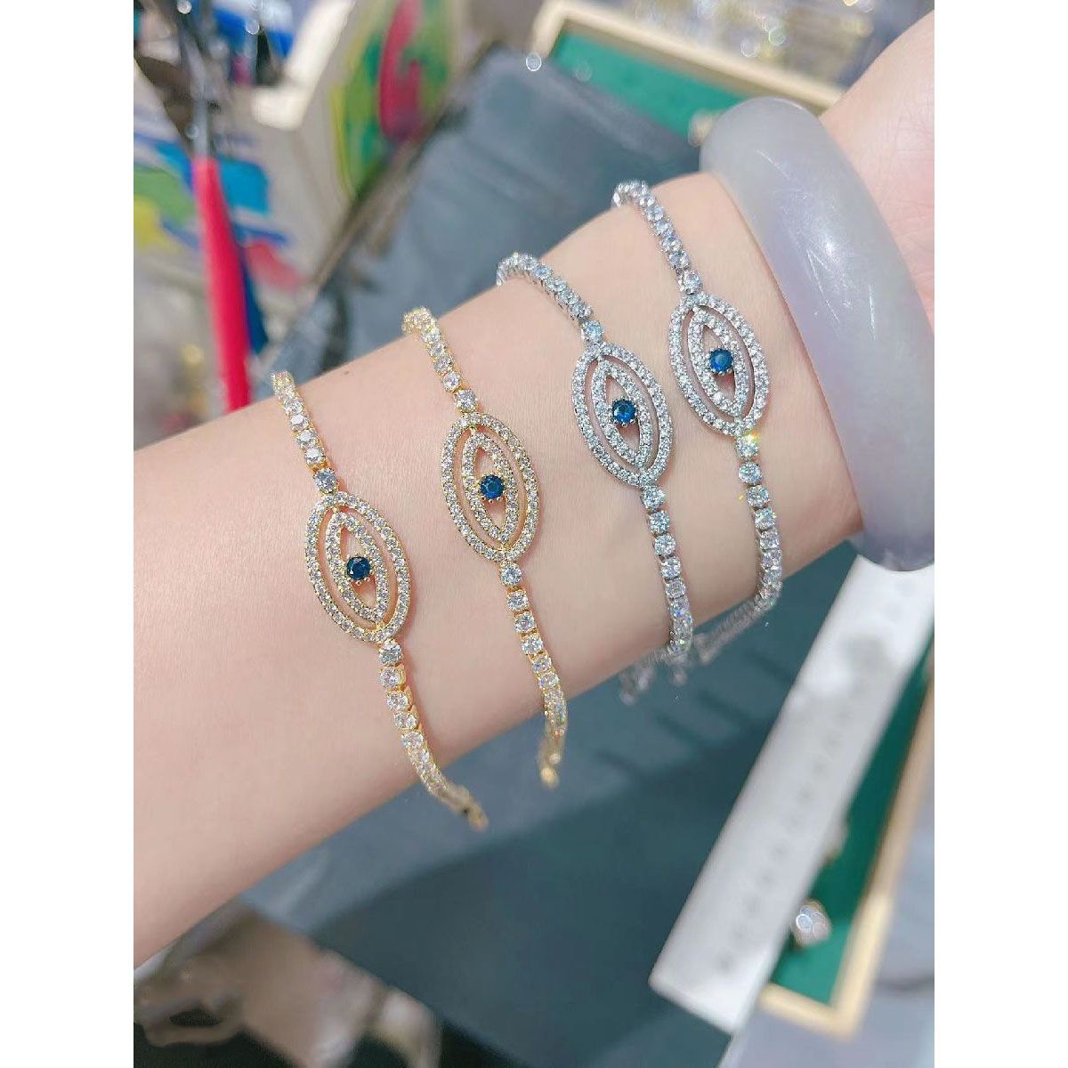 Oval Blue Evil Eye Cubic Zirconia Silver Plated Solitaire Bracelet for Women