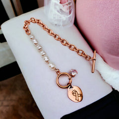 Heart Love Solitaire Pearl Links Toggle Clasp 18K Gold Stainless Steel Bracelet Women