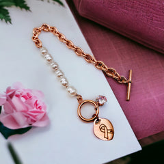 Heart Love Solitaire Pearl Links Toggle Clasp 18K Gold Stainless Steel Bracelet Women