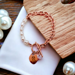 Heart Love Solitaire Pearl Links Toggle Clasp 18K Gold Stainless Steel Bracelet Women