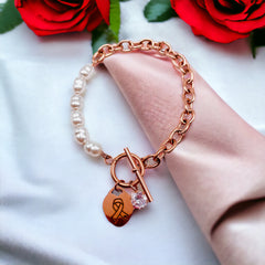 Heart Love Solitaire Pearl Links Toggle Clasp 18K Gold Stainless Steel Bracelet Women