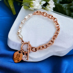 Heart Love Solitaire Pearl Links Toggle Clasp 18K Gold Stainless Steel Bracelet Women