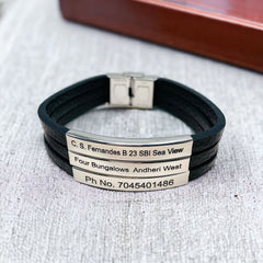 3 Layers Stainless Steel Silver Customized Personalised Laser Engraved Leather Wrist Band ID Bracelet Men