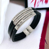 3 Layers Stainless Steel Silver Customized Personalised Laser Engraved Leather Wrist Band ID Bracelet Men