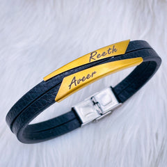 Geometric Stainless Steel Gold Black Customized Personalised Laser Engraved Wrist Band Leather Bracelet For Men