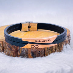 Geometric Stainless Steel Gold Black Customized Personalised Laser Engraved Wrist Band Leather Bracelet For Men