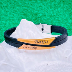 Geometric Stainless Steel Gold Black Customized Personalised Laser Engraved Wrist Band Leather Bracelet For Men