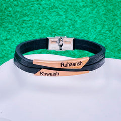 Geometric Stainless Steel Gold Black Customized Personalised Laser Engraved Wrist Band Leather Bracelet For Men