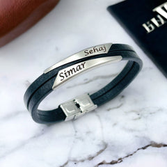 Geometric Stainless Steel Gold Black Customized Personalised Laser Engraved Wrist Band Leather Bracelet For Men