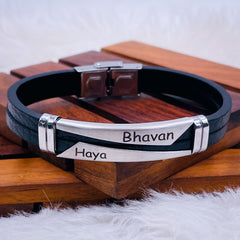 Geometric Stainless Steel Gold Black Customized Personalised Laser Engraved Wrist Band Leather Bracelet For Men