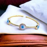 Triple Evil Eye Mother Of Pearl Slim 18K Gold Anti Tarnish Cuff Kada For Women