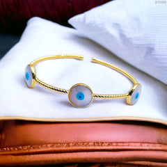 Triple Evil Eye Mother Of Pearl Slim 18K Gold Anti Tarnish Cuff Kada For Women