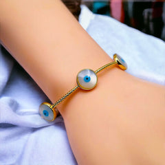 Triple Evil Eye Mother Of Pearl Slim 18K Gold Anti Tarnish Cuff Kada For Women