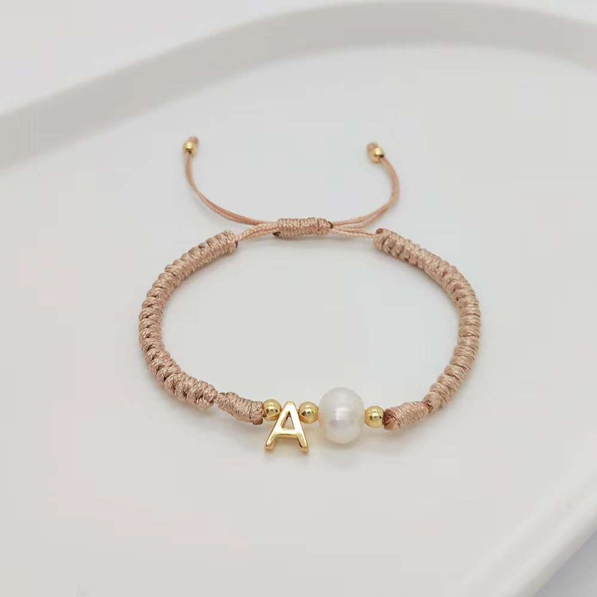 A Personalised Letter Alphabet Initial Pearl Braided Beige Rope Adjustable Thread Bracelet
