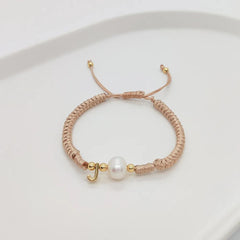 A Personalised Letter Alphabet Initial Pearl Braided Beige Rope Adjustable Thread Bracelet
