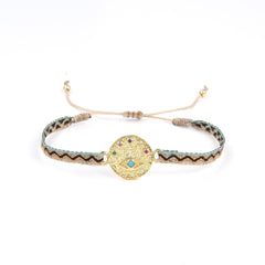 Round Cubic Zirconia Blue Beige Thread 18K Gold Adjustable Bracelet for Women