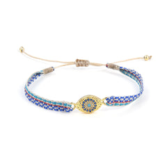 Round Cubic Zirconia Blue Beige Thread 18K Gold Adjustable Bracelet for Women