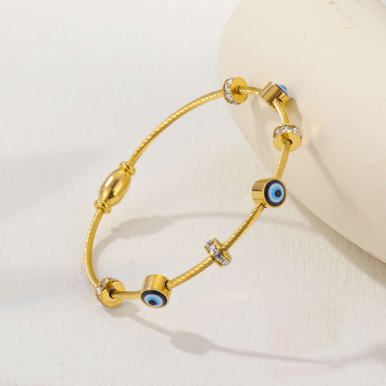 Evil Eye Cubic Zirconia Blue 18K Gold Anti Tarnish Stainless Steel Kada Bracelet For Women