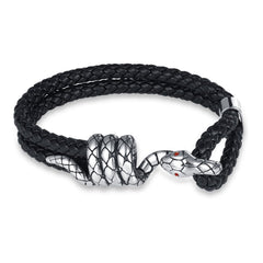 Black Silver Stainless Steel Anti Tarnish Leather Bracelet For Men