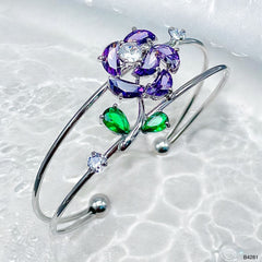 Flower Green Silver Cubic Zirconia Crystal Anti Tarnish Cuff Bracelet For Women