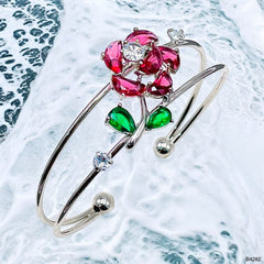 Flower Green Silver Cubic Zirconia Crystal Anti Tarnish Cuff Bracelet For Women