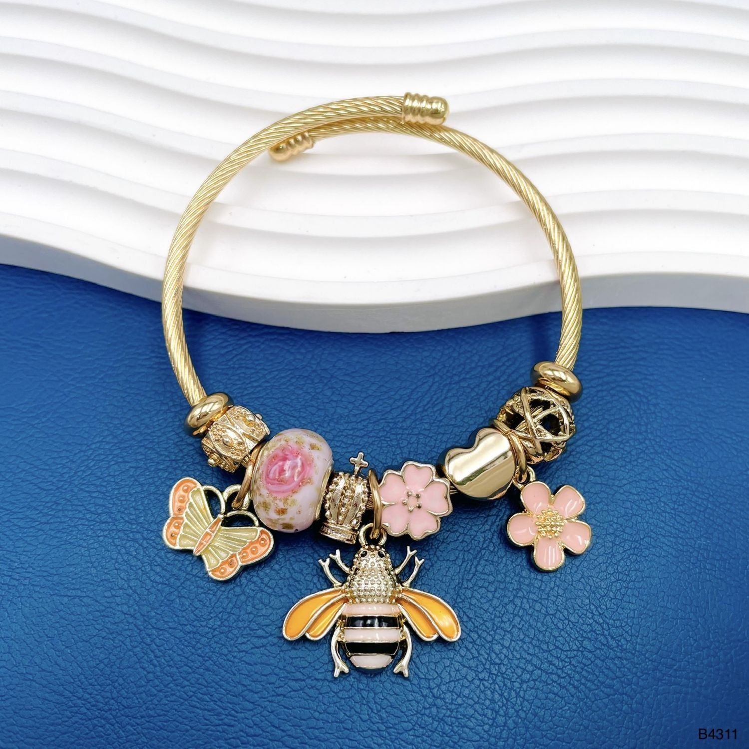 Honey Bee Butterfly Multi Gold Beads Anti Tarnish Charm Bracelet