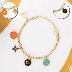 Flower Clover Letter Stainless Steel Enamel Multicolour 18K Gold Anti Tarnish Link Chain Charm Bracelet For Women