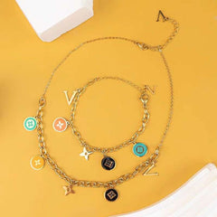 Flower Clover Letter Stainless Steel Enamel Multicolour 18K Gold Anti Tarnish Link Chain Charm Bracelet For Women