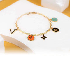 Flower Clover Letter Stainless Steel Enamel Multicolour 18K Gold Anti Tarnish Link Chain Charm Bracelet For Women
