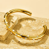 Dented 18K Gold Pearl Cubic Zirconia Anti Tarnish Cuff Bracelet