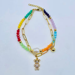 Teddy Bear Multi 18K Gold Cubic Zirconia Pearl Anti Tarnish Charm Link Chain Layer Bracelet For Women