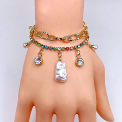 Rainbow Multi 18K Gold Cubic Zirconia Pearl Anti Tarnish Charm Link Layer Bracelet For Women