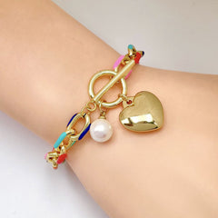 Heart Rainbow Multi 18K Gold Pearl Enamel Anti Tarnish Charm Link Bracelet For Women